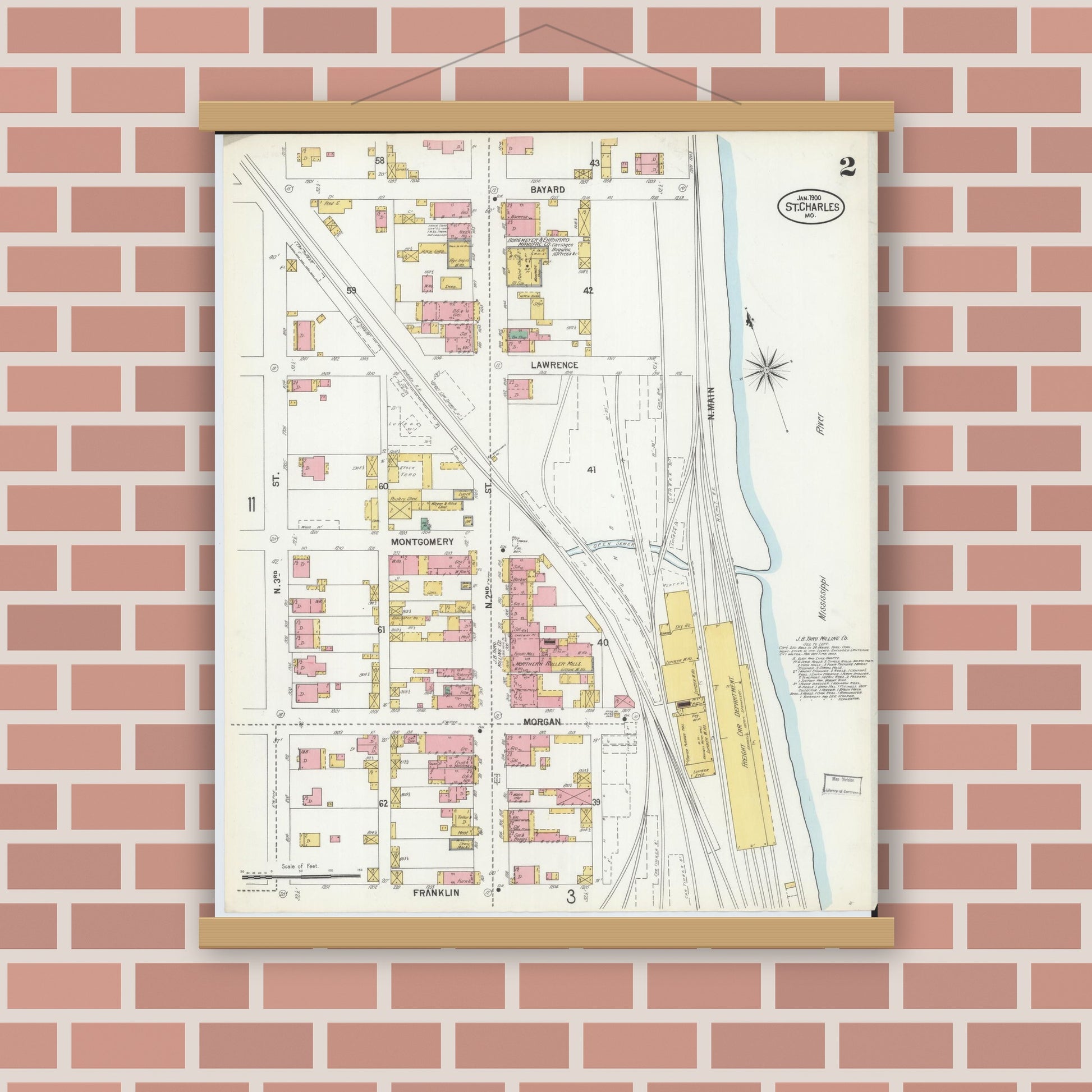 Old map wall art mockup — magnetic wood frame on brick wall — Sanborn Fire Insurance Map from Saint Charles, Saint Charles County, Missouri (1900), Sheet #0002