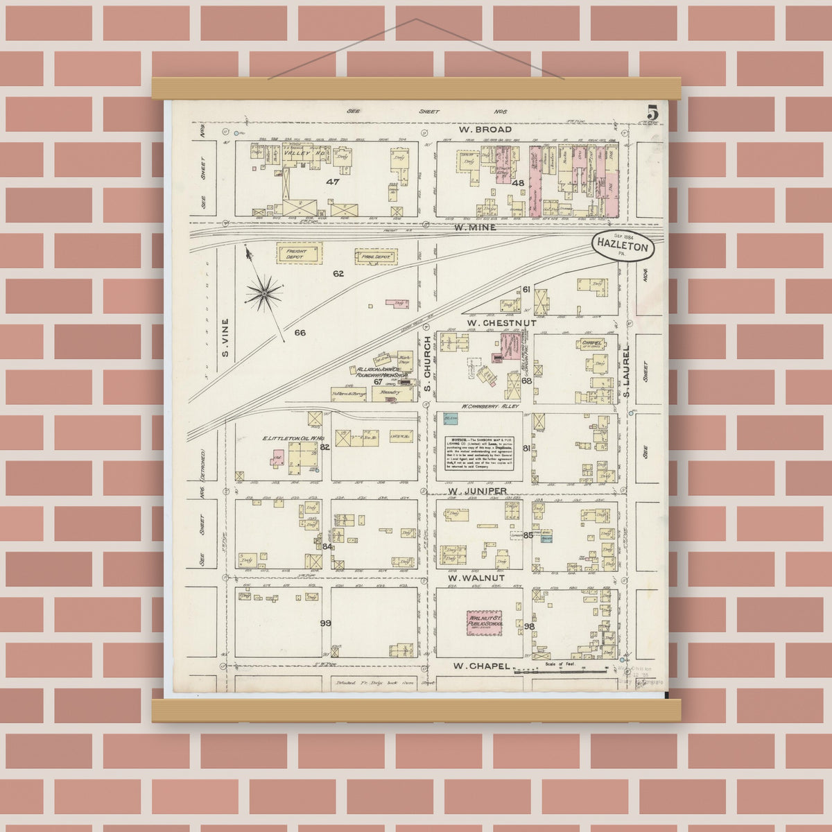 Old map wall art mockup — magnetic wood frame on brick wall — Sanborn Fire Insurance Map from Hazleton, Luzerne County, Pennsylvania (1884), Sheet #0005