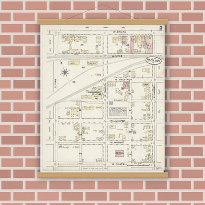 Old map wall art mockup — magnetic wood frame on brick wall — Sanborn Fire Insurance Map from Hazleton, Luzerne County, Pennsylvania (1884), Sheet #0005