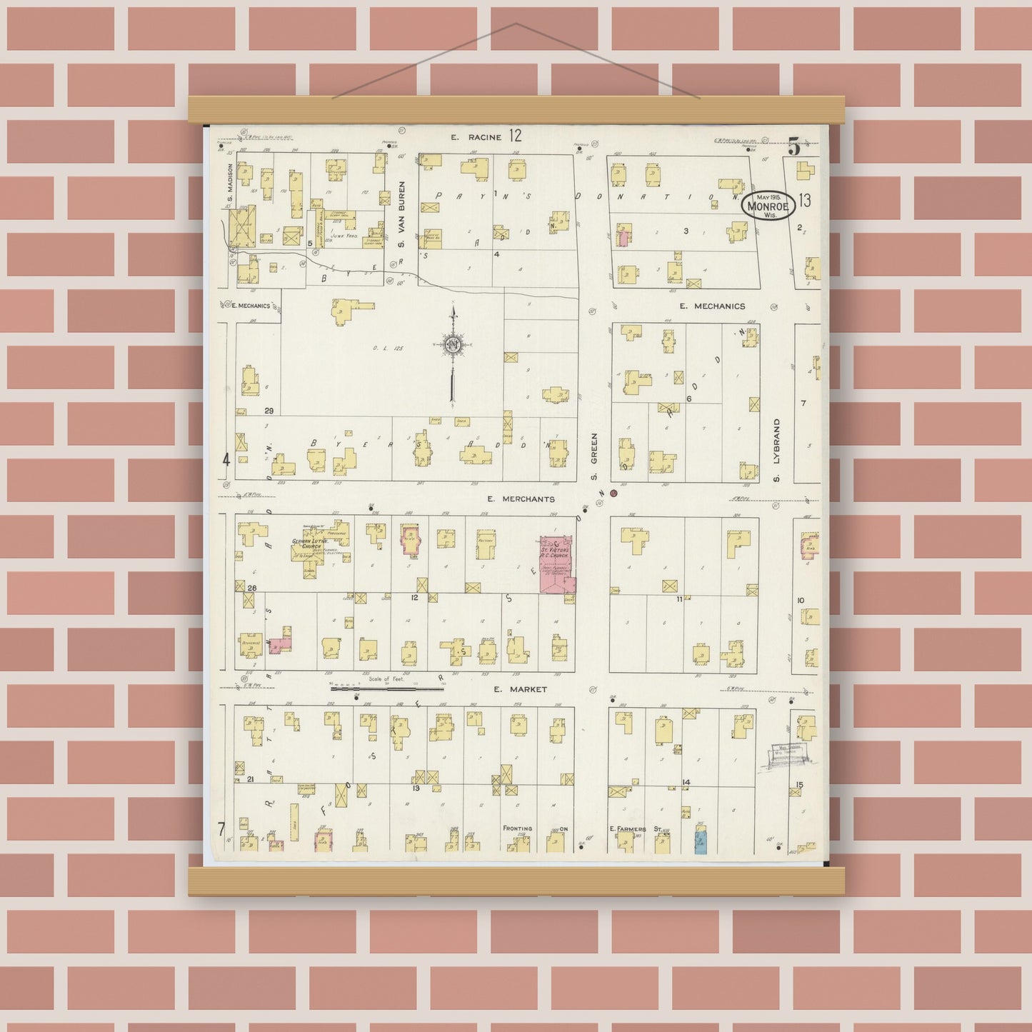 Old map wall art mockup — magnetic wood frame on brick wall — Sanborn Fire Insurance Map from Monroe, Green County, Wisconsin (1915), Sheet #0005