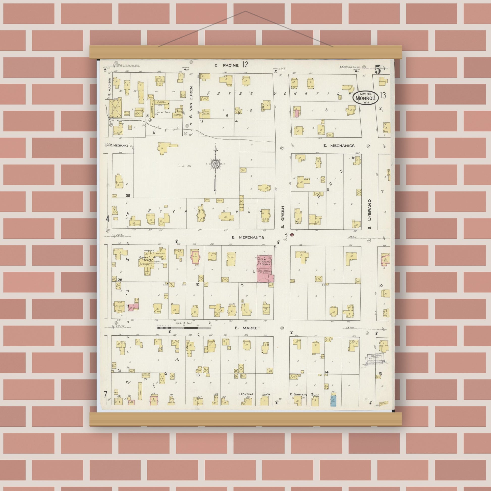 Old map wall art mockup — magnetic wood frame on brick wall — Sanborn Fire Insurance Map from Monroe, Green County, Wisconsin (1915), Sheet #0005