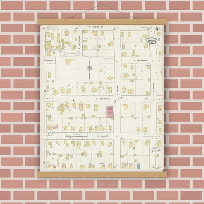 Old map wall art mockup — magnetic wood frame on brick wall — Sanborn Fire Insurance Map from Monroe, Green County, Wisconsin (1915), Sheet #0005