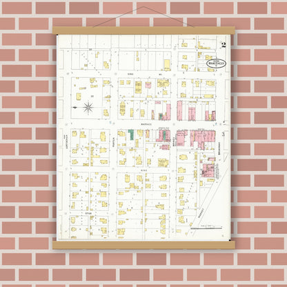 Old map wall art mockup — magnetic wood frame on brick wall — Sanborn Fire Insurance Map from What Cheer, Keokuk County, Iowa (1906), Sheet #0002
