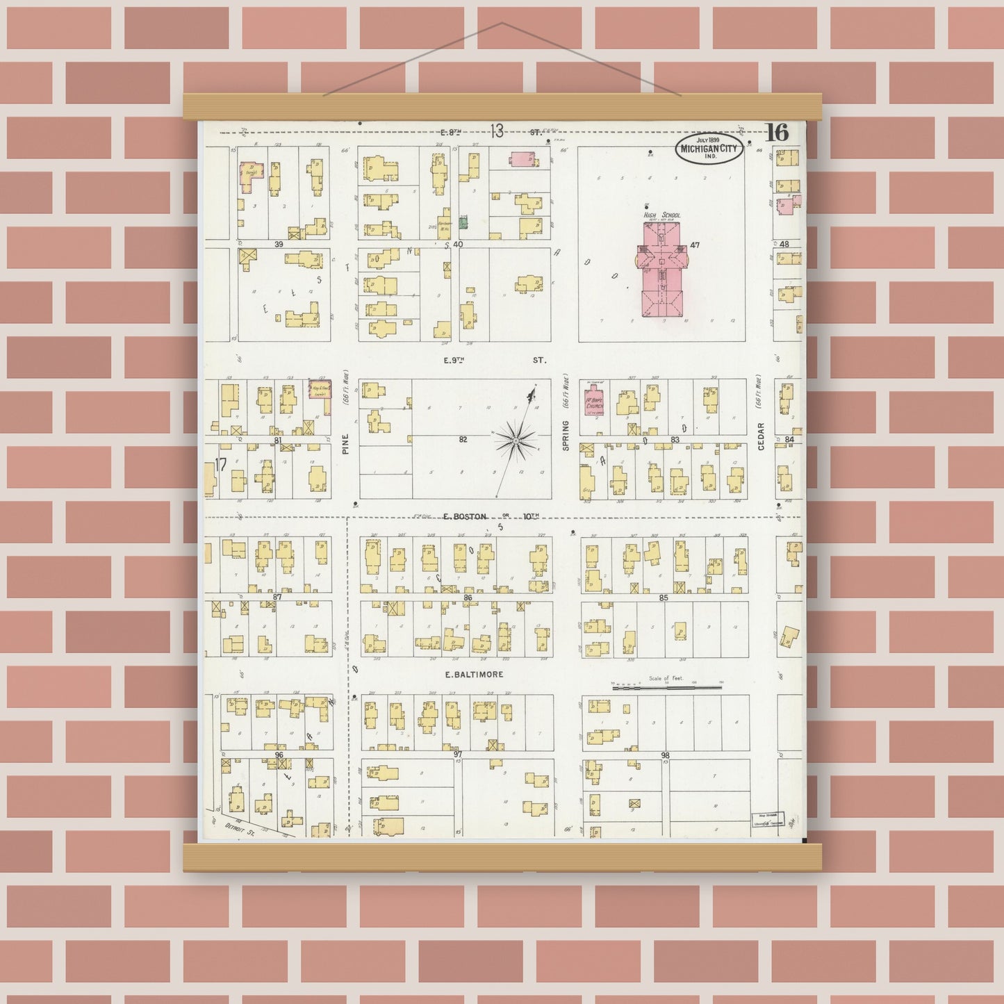 Old map wall art mockup — magnetic wood frame on brick wall — Sanborn Fire Insurance Map from Michigan City, La Porte County, Indiana (1899), Sheet #0016