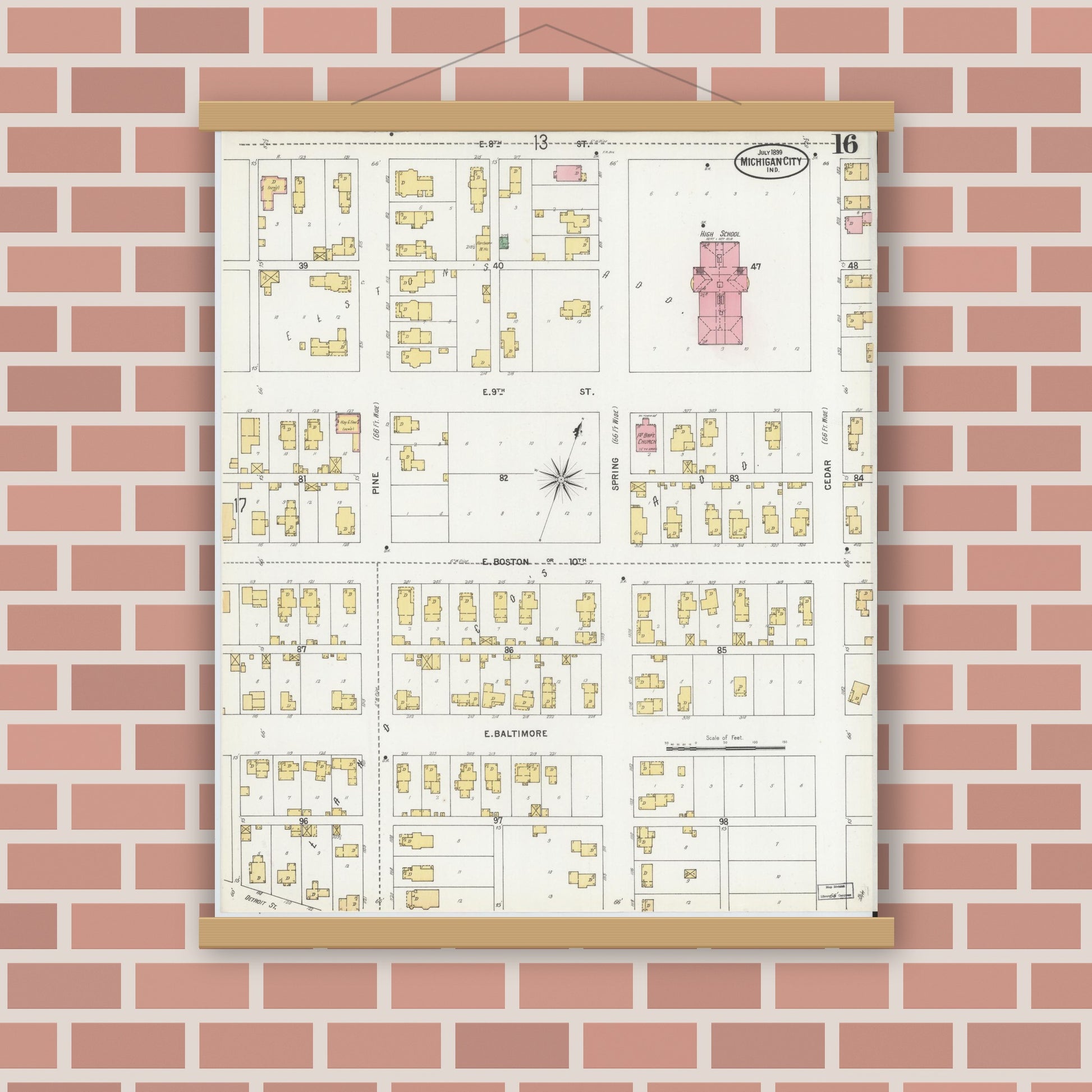 Old map wall art mockup — magnetic wood frame on brick wall — Sanborn Fire Insurance Map from Michigan City, La Porte County, Indiana (1899), Sheet #0016