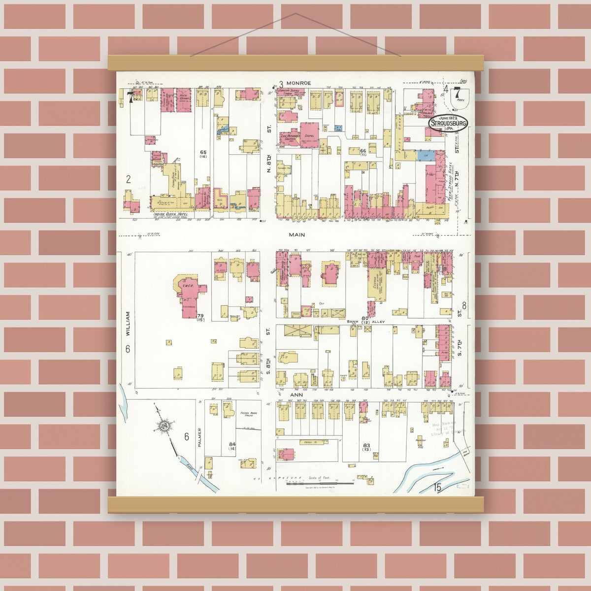 Old map wall art mockup — magnetic wood frame on brick wall — Sanborn Fire Insurance Map from Stroudsburg, Monroe County, Pennsylvania (1923), Sheet #0007