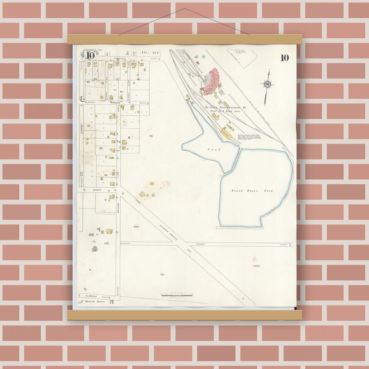 Old map wall art mockup — magnetic wood frame on brick wall — Sanborn Fire Insurance Map from Commerce, Hunt County, Texas (1940), Sheet #0010