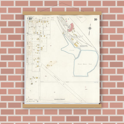 Old map wall art mockup — magnetic wood frame on brick wall — Sanborn Fire Insurance Map from Commerce, Hunt County, Texas (1940), Sheet #0010
