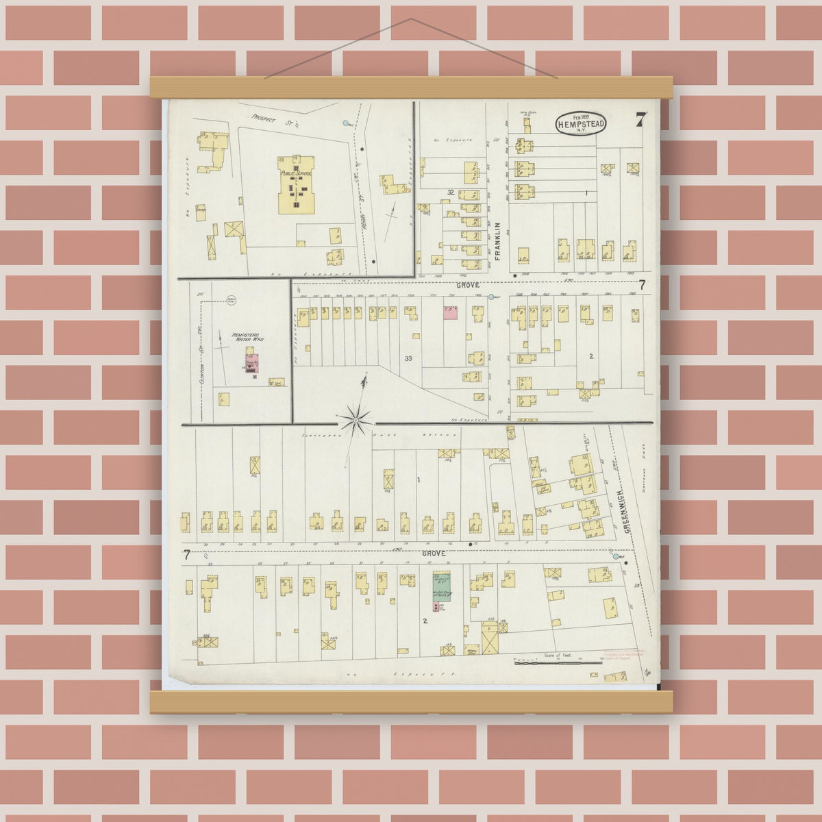 Old map wall art mockup — magnetic wood frame on brick wall — Sanborn Fire Insurance Map from Hempstead, Nassau County, New York (1897), Sheet #0007