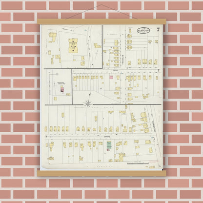 Old map wall art mockup — magnetic wood frame on brick wall — Sanborn Fire Insurance Map from Hempstead, Nassau County, New York (1897), Sheet #0007