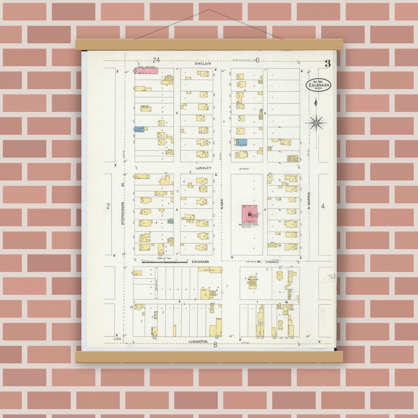 Old map wall art mockup — magnetic wood frame on brick wall — Sanborn Fire Insurance Map from Escanaba, Delta County, Michigan (1906), Sheet #0003