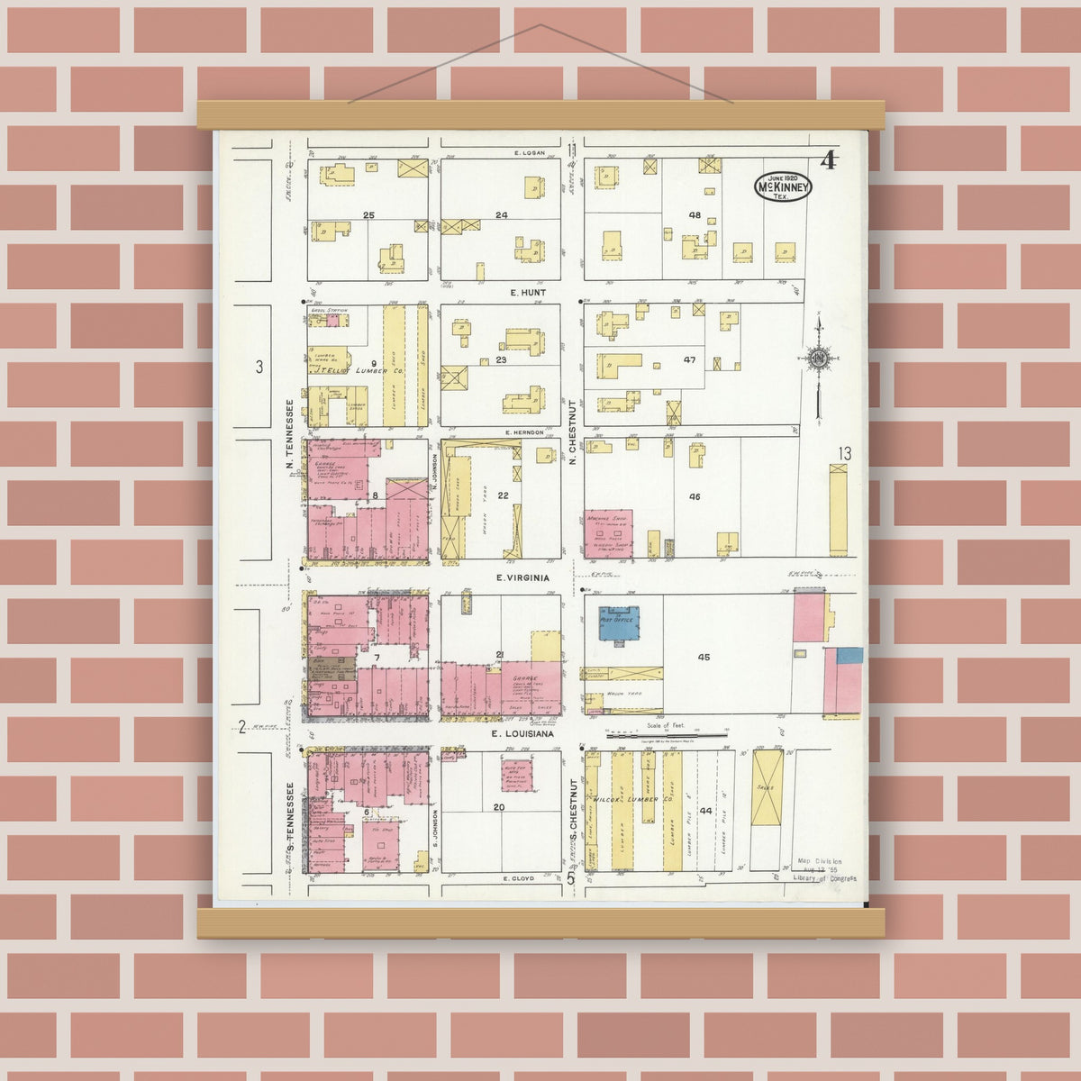 Old map wall art mockup — magnetic wood frame on brick wall — Sanborn Fire Insurance Map from McKinney, Collin County, Texas (1920), Sheet #0004