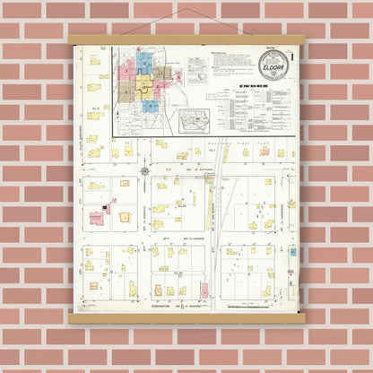 Old map wall art mockup — magnetic wood frame on brick wall — Sanborn Fire Insurance Map from Eldora, Hardin County, Iowa (1915) â€” Complete Set