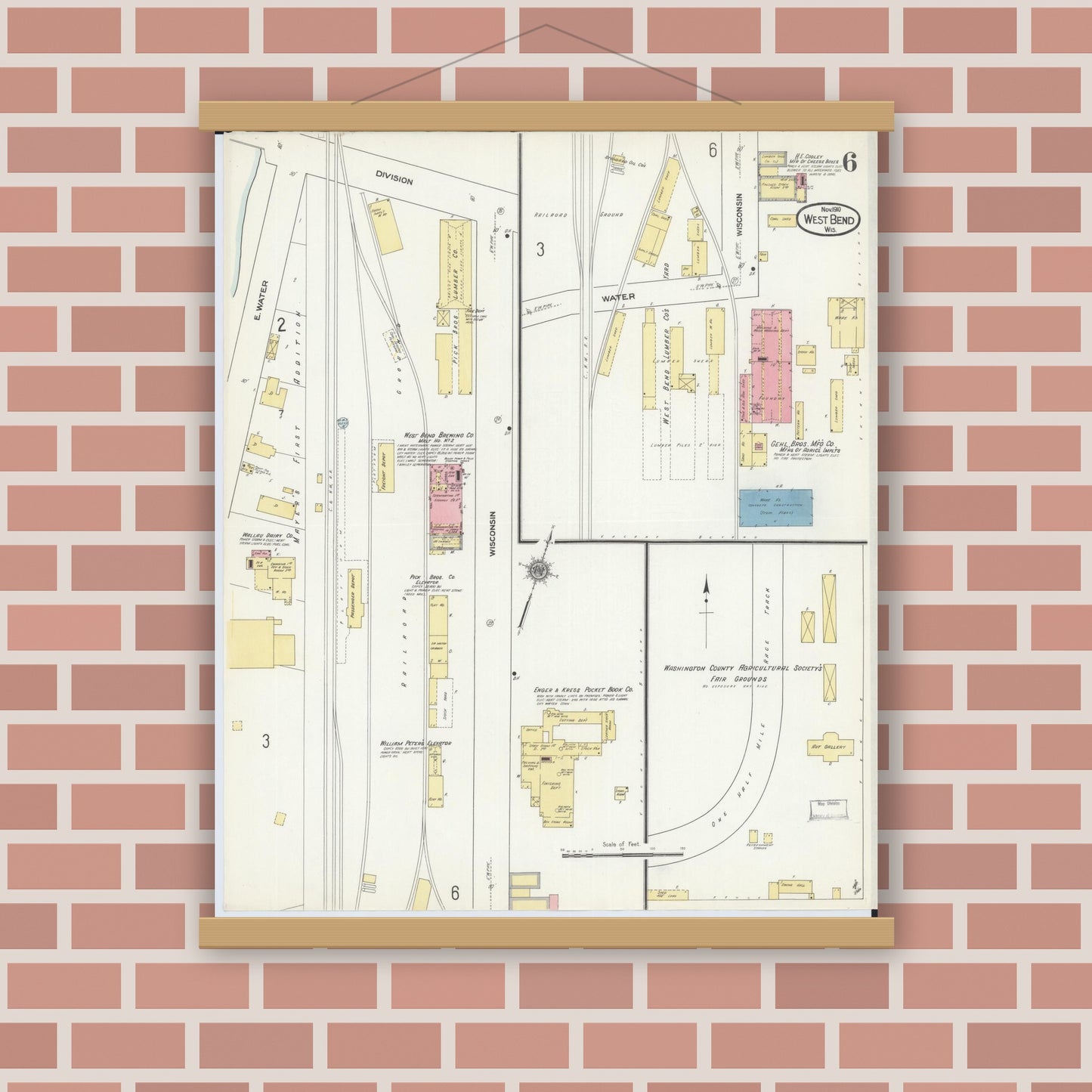 Old map wall art mockup — magnetic wood frame on brick wall — Sanborn Fire Insurance Map from West Bend, Washington County, Wisconsin (1910), Sheet #0006
