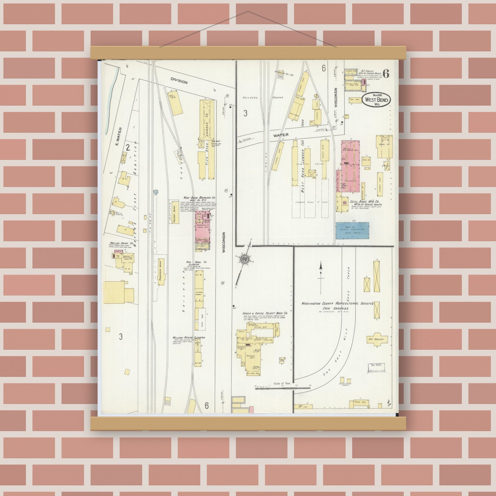 Old map wall art mockup — magnetic wood frame on brick wall — Sanborn Fire Insurance Map from West Bend, Washington County, Wisconsin (1910), Sheet #0006