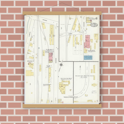 Old map wall art mockup — magnetic wood frame on brick wall — Sanborn Fire Insurance Map from West Bend, Washington County, Wisconsin (1910), Sheet #0006