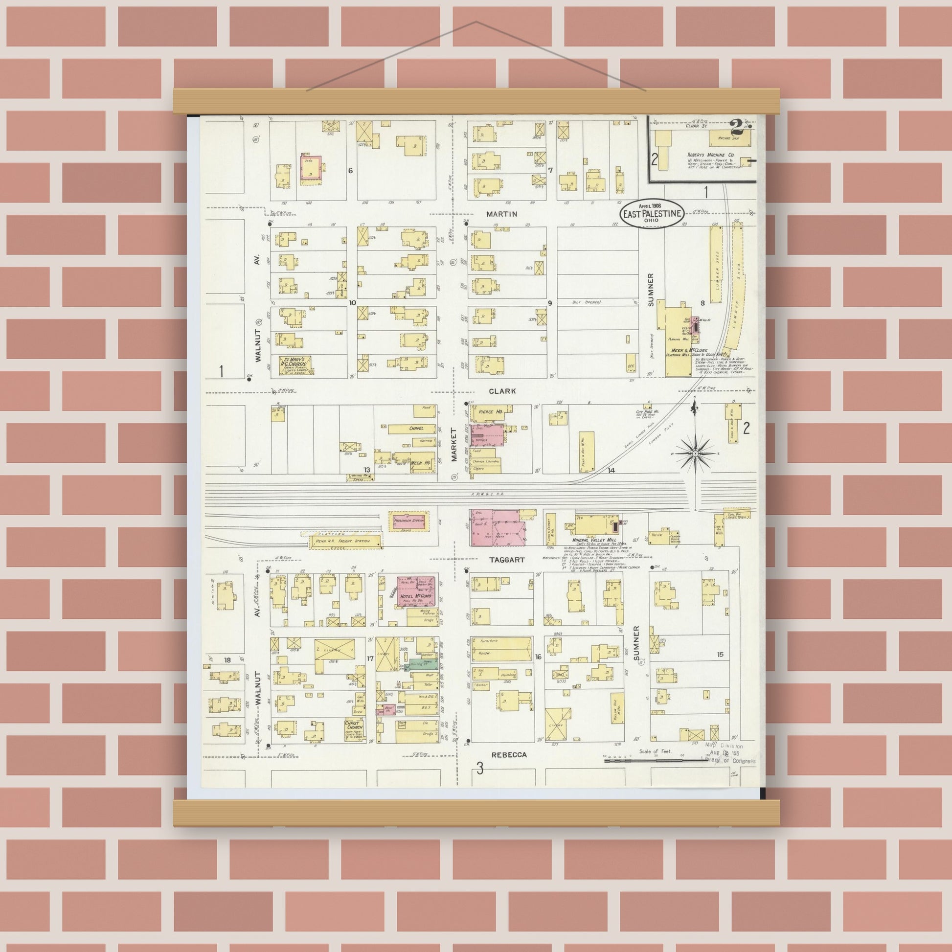 Old map wall art mockup — magnetic wood frame on brick wall — Sanborn Fire Insurance Map from East Palestine, Columbiana County, Ohio (1908), Sheet #0002