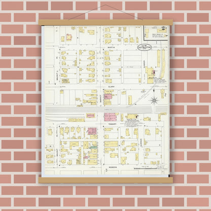 Old map wall art mockup — magnetic wood frame on brick wall — Sanborn Fire Insurance Map from East Palestine, Columbiana County, Ohio (1908), Sheet #0002