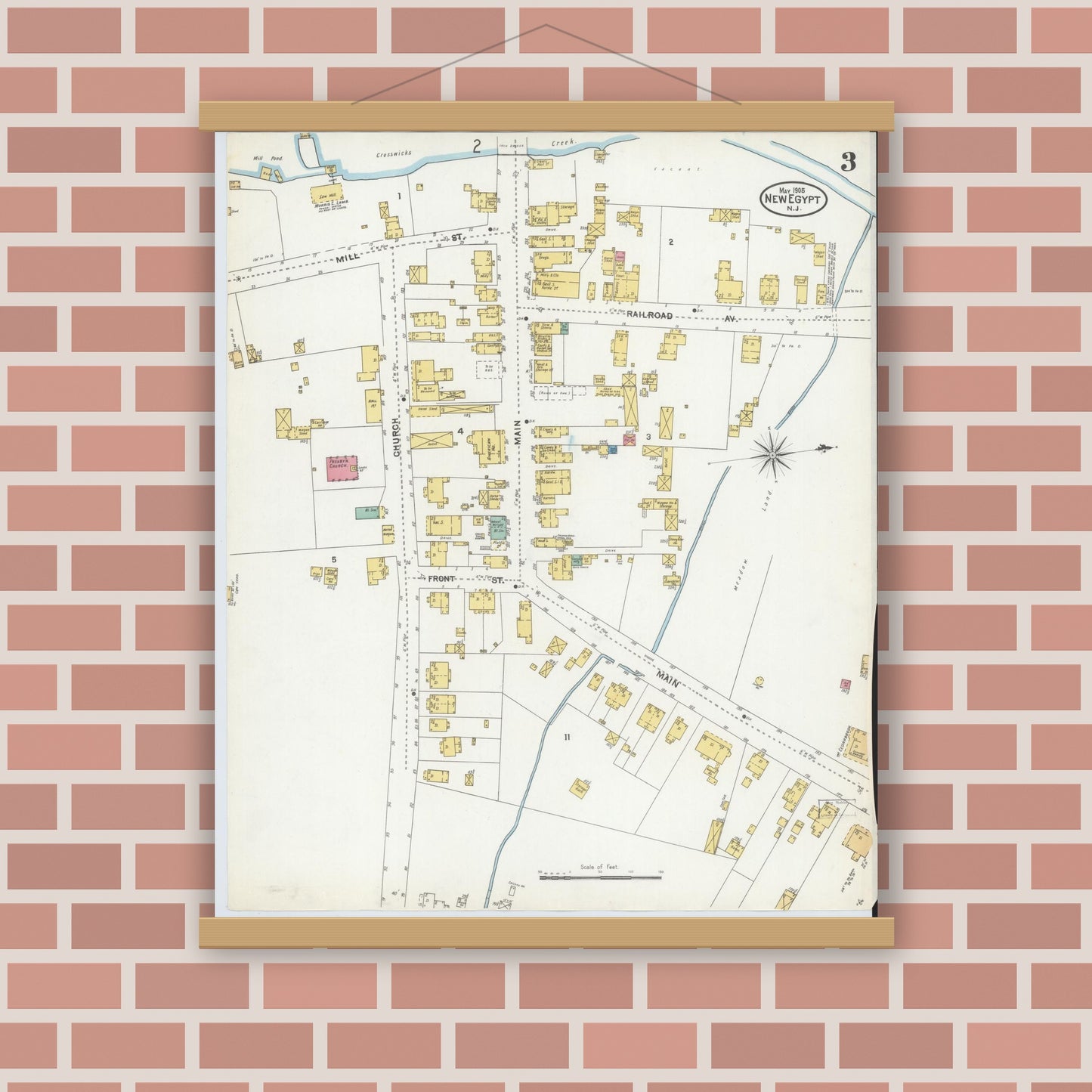 Old map wall art mockup — magnetic wood frame on brick wall — Sanborn Fire Insurance Map from New Egypt, Ocean County, New Jersey (1905), Sheet #0003