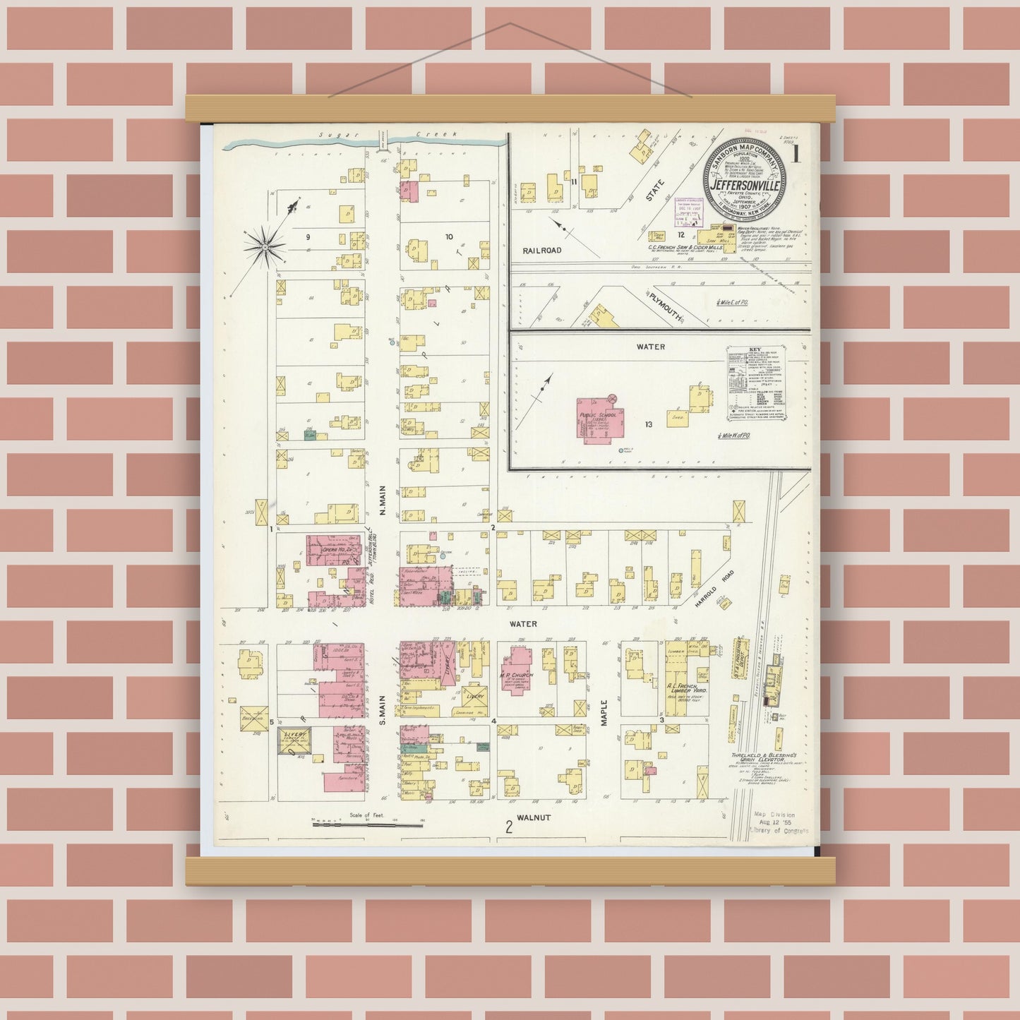 Old map wall art mockup — magnetic wood frame on brick wall — Sanborn Fire Insurance Map from Jeffersonville, Fayette County, Ohio (1907), Sheet #0001