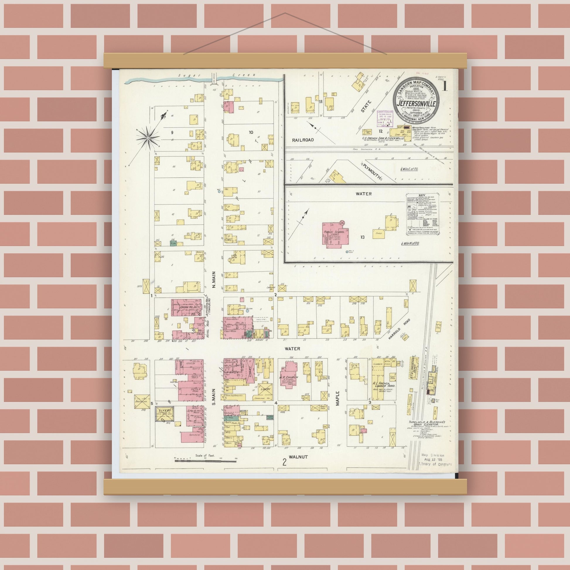 Old map wall art mockup — magnetic wood frame on brick wall — Sanborn Fire Insurance Map from Jeffersonville, Fayette County, Ohio (1907), Sheet #0001
