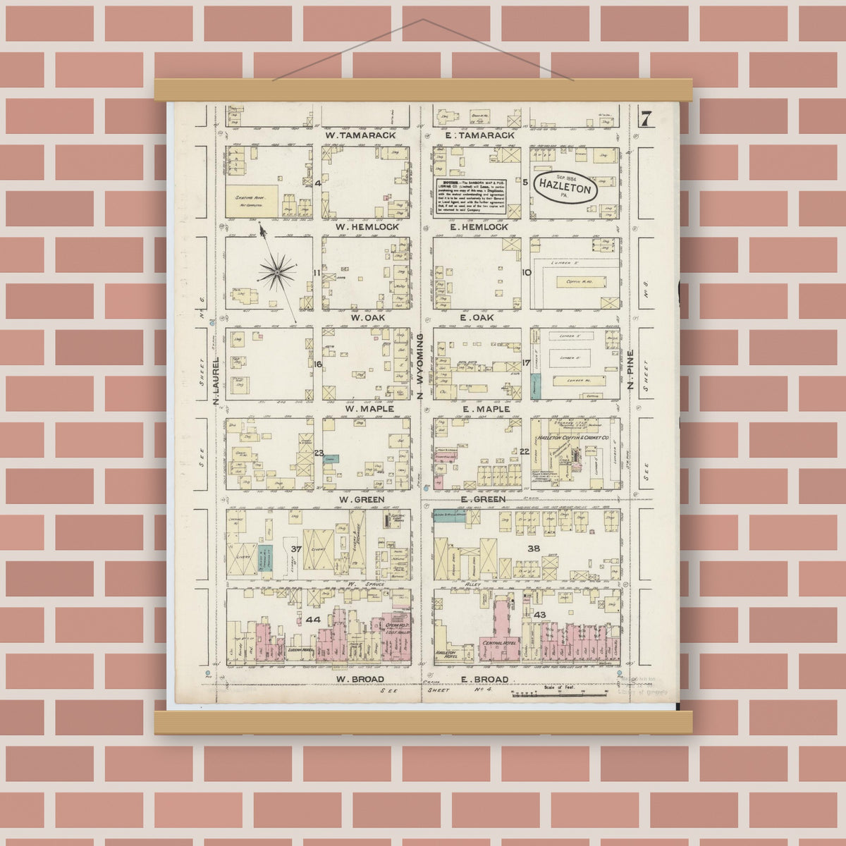 Old map wall art mockup — magnetic wood frame on brick wall — Sanborn Fire Insurance Map from Hazleton, Luzerne County, Pennsylvania (1884), Sheet #0007