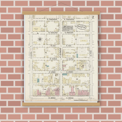 Old map wall art mockup — magnetic wood frame on brick wall — Sanborn Fire Insurance Map from Hazleton, Luzerne County, Pennsylvania (1884), Sheet #0007
