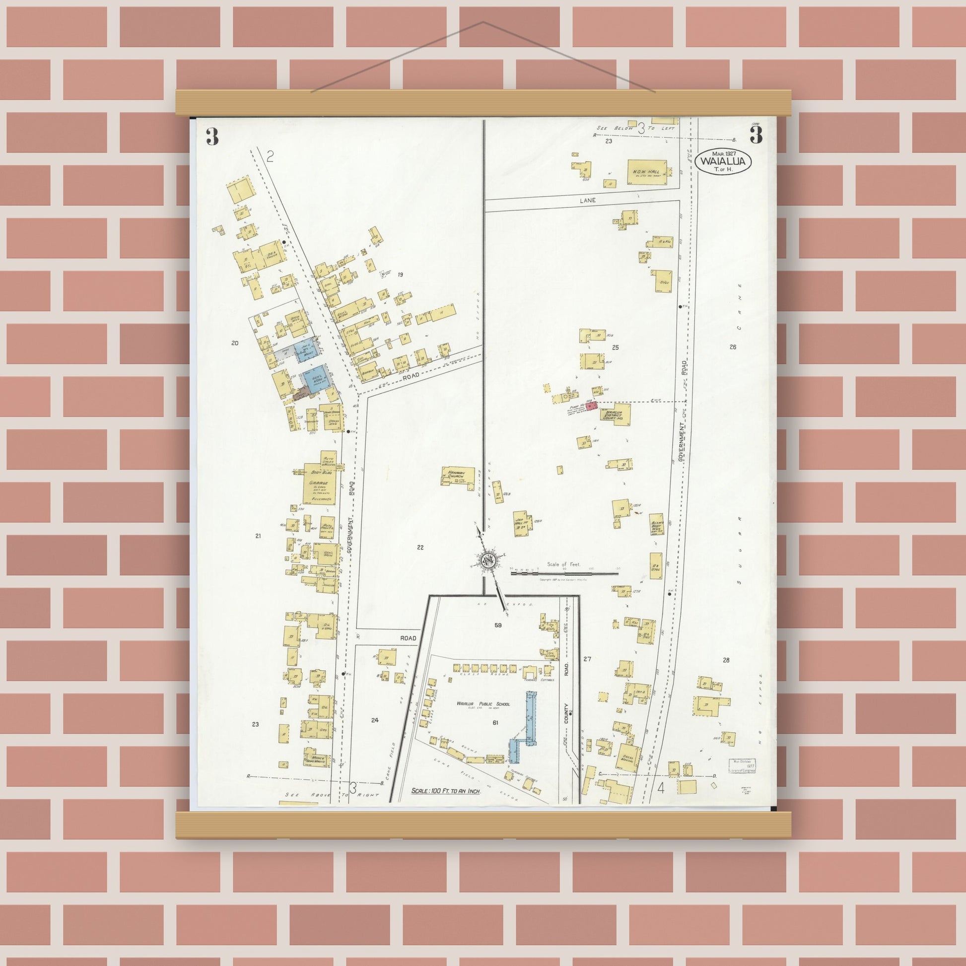 Old map wall art mockup — magnetic wood frame on brick wall — Sanborn Fire Insurance Map from Waialua, Honolulu County, Hawaii (1927), Sheet #0003