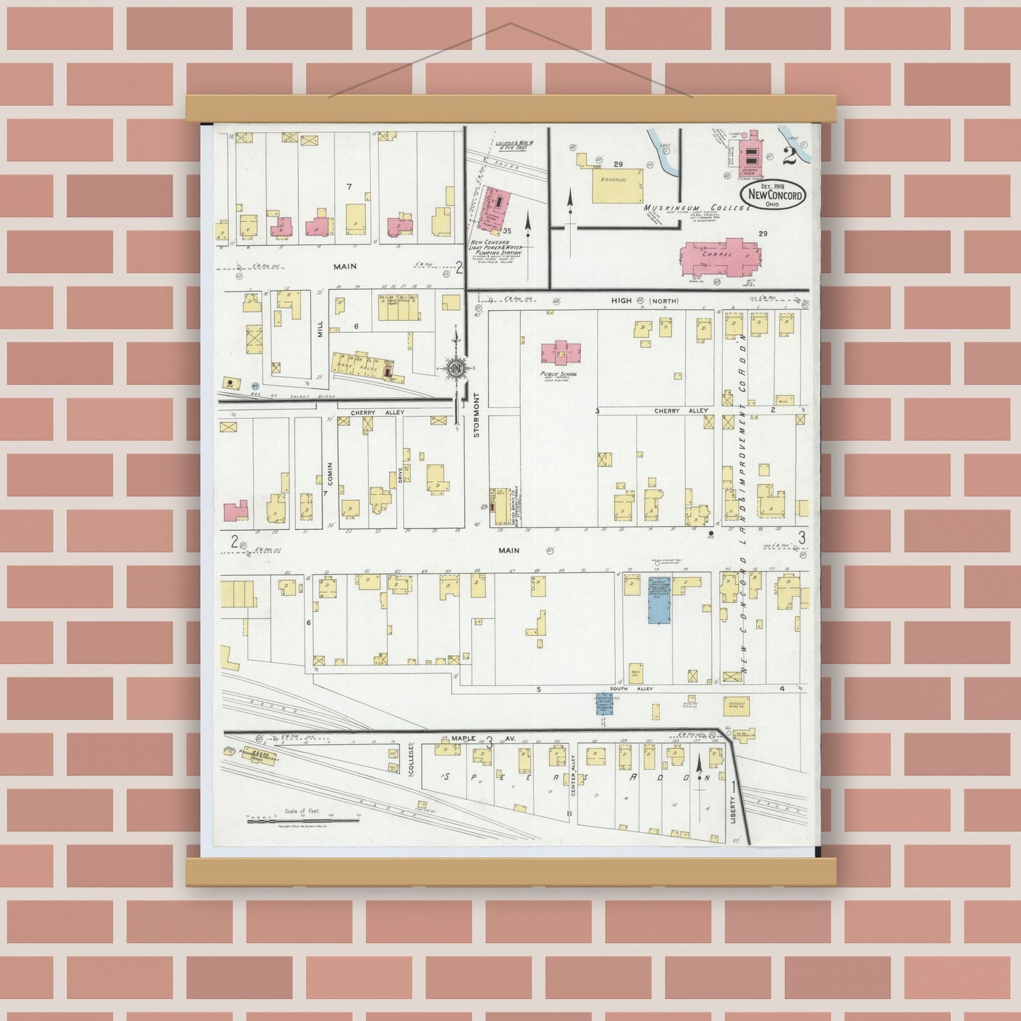 Old map wall art mockup — magnetic wood frame on brick wall — Sanborn Fire Insurance Map from New Concord, Muskingum County, Ohio (1918), Sheet #0002