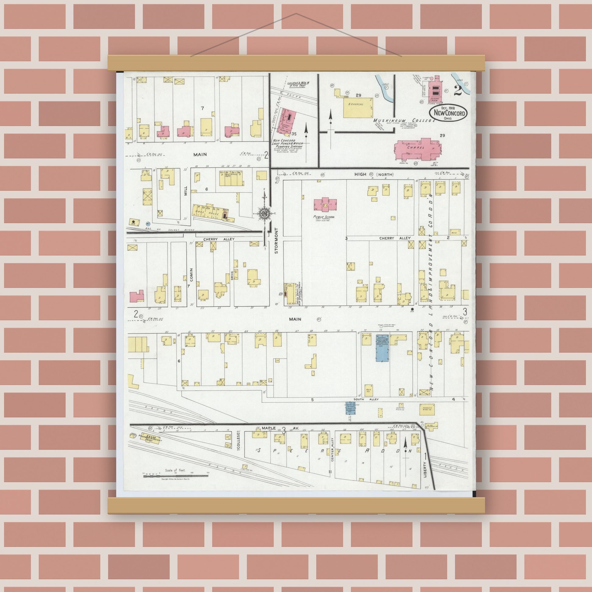 Old map wall art mockup — magnetic wood frame on brick wall — Sanborn Fire Insurance Map from New Concord, Muskingum County, Ohio (1918), Sheet #0002