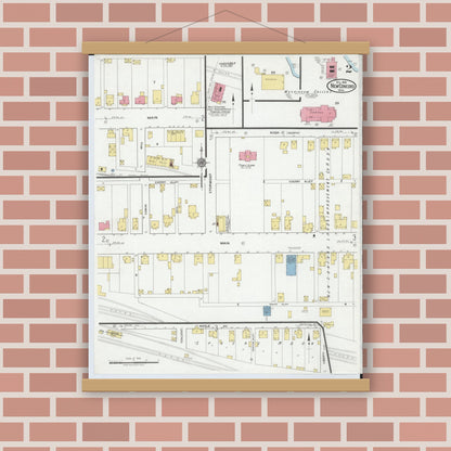 Old map wall art mockup — magnetic wood frame on brick wall — Sanborn Fire Insurance Map from New Concord, Muskingum County, Ohio (1918), Sheet #0002