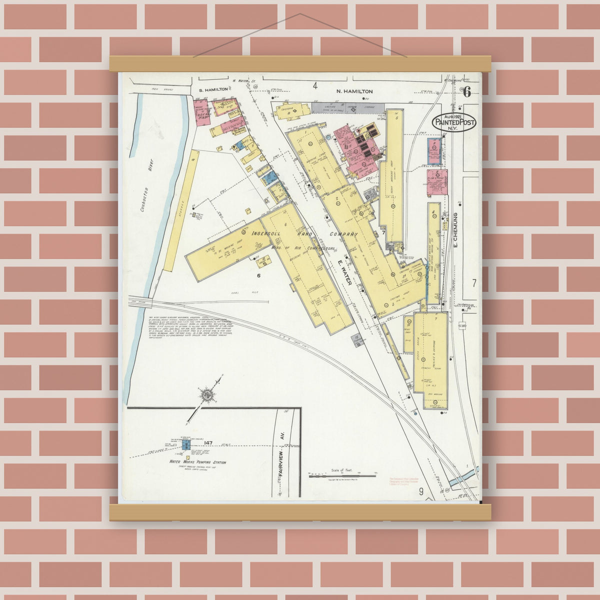 Old map wall art mockup — magnetic wood frame on brick wall — Sanborn Fire Insurance Map from Painted Post, Steuben County, New York (1921), Sheet #0006