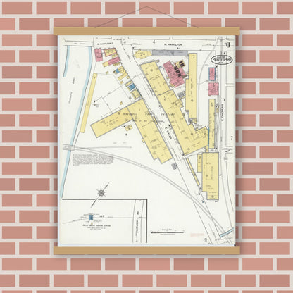Old map wall art mockup — magnetic wood frame on brick wall — Sanborn Fire Insurance Map from Painted Post, Steuben County, New York (1921), Sheet #0006