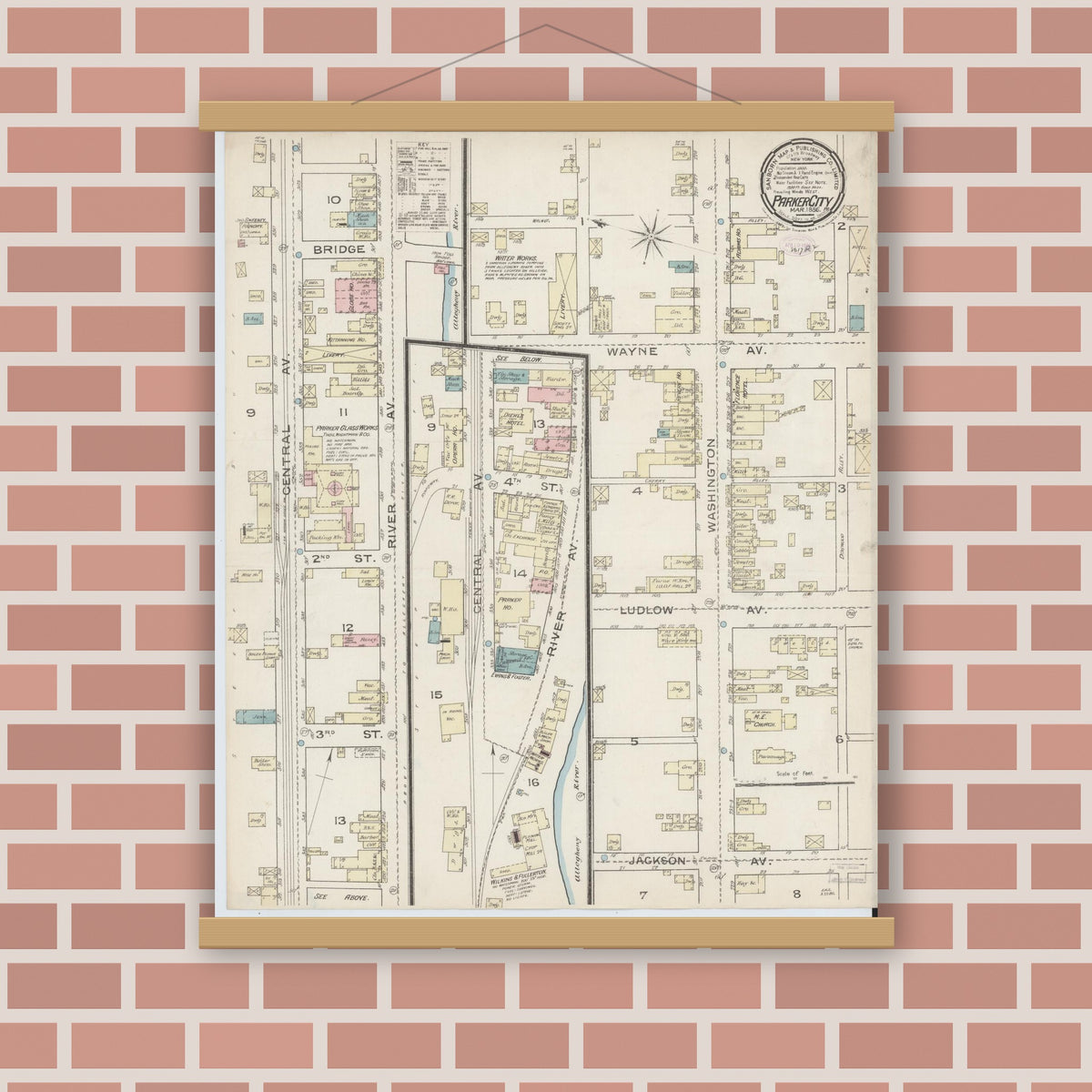 Old map wall art mockup — magnetic wood frame on brick wall — Sanborn Fire Insurance Map from Parkers Landing, Armstrong County, Pennsylvania (1886), Sheet #0001