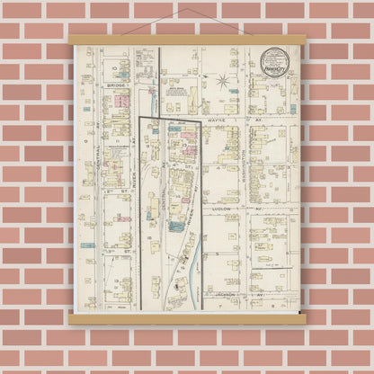 Old map wall art mockup — magnetic wood frame on brick wall — Sanborn Fire Insurance Map from Parkers Landing, Armstrong County, Pennsylvania (1886), Sheet #0001