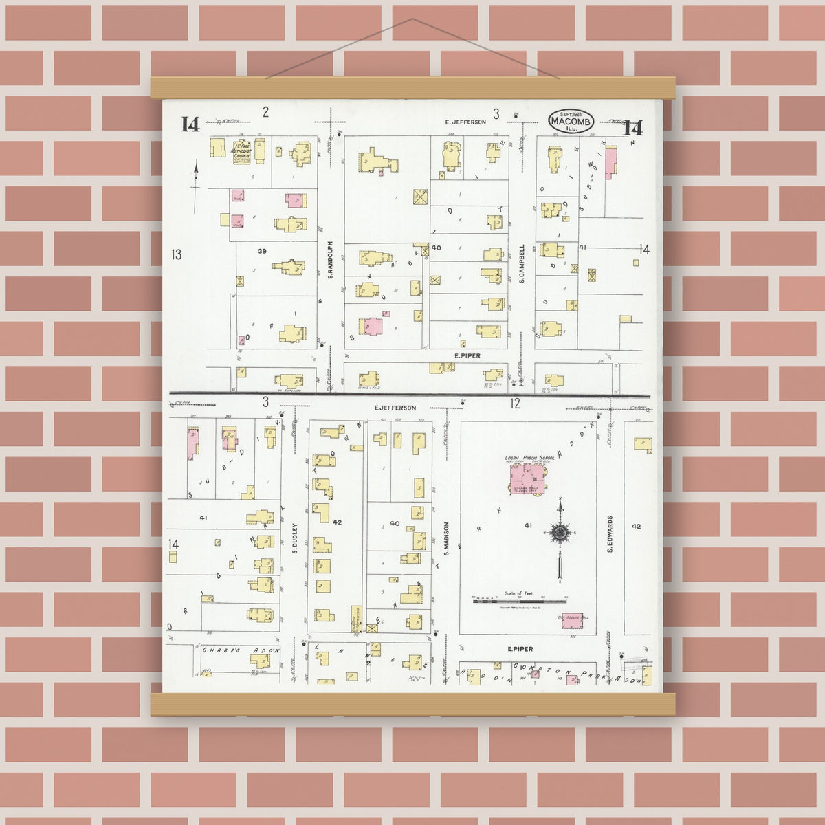 Old map wall art mockup — magnetic wood frame on brick wall — Sanborn Fire Insurance Map from Macomb, Mcdonough County, Illinois (1924), Sheet #0014