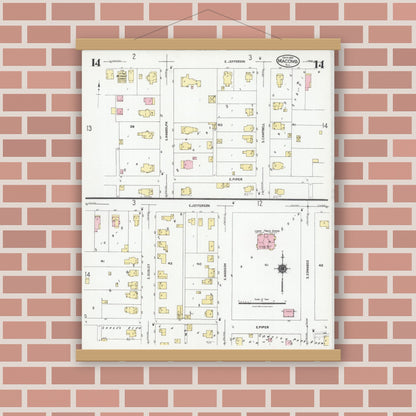 Old map wall art mockup — magnetic wood frame on brick wall — Sanborn Fire Insurance Map from Macomb, Mcdonough County, Illinois (1924), Sheet #0014