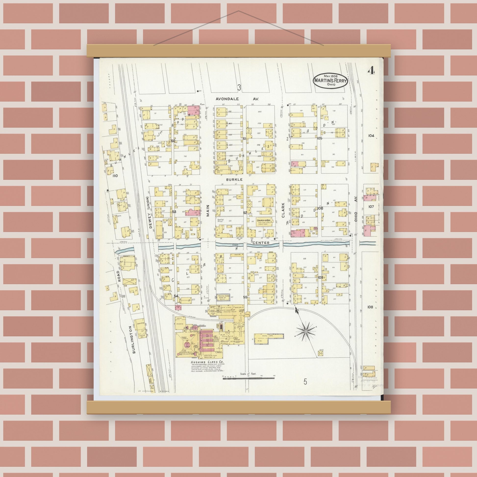 Old map wall art mockup — magnetic wood frame on brick wall — Sanborn Fire Insurance Map from Martins Ferry, Belmont County, Ohio (1908), Sheet #0004