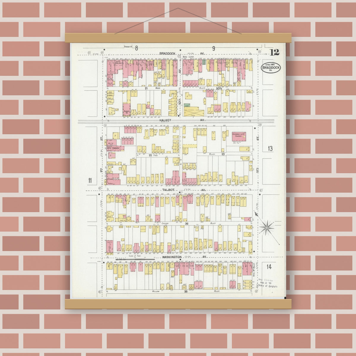 Old map wall art mockup — magnetic wood frame on brick wall — Sanborn Fire Insurance Map from Braddock, Allegheny County, Pennsylvania (1901), Sheet #0012