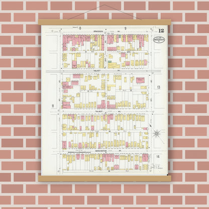 Old map wall art mockup — magnetic wood frame on brick wall — Sanborn Fire Insurance Map from Braddock, Allegheny County, Pennsylvania (1901), Sheet #0012
