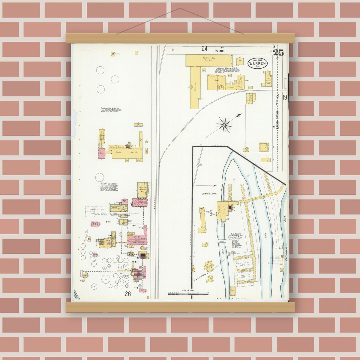 Old map wall art mockup — magnetic wood frame on brick wall — Sanborn Fire Insurance Map from Warren, Warren County, Pennsylvania (1904), Sheet #0025