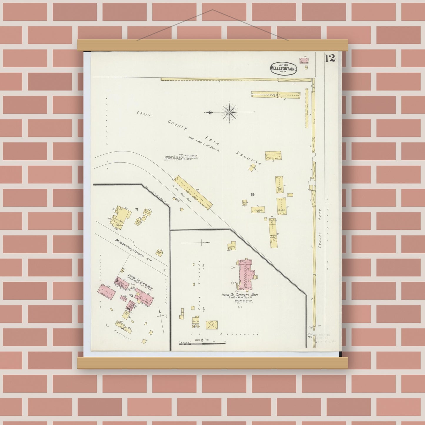 Old map wall art mockup — magnetic wood frame on brick wall — Sanborn Fire Insurance Map from Bellefontaine, Logan County, Ohio (1896), Sheet #0012