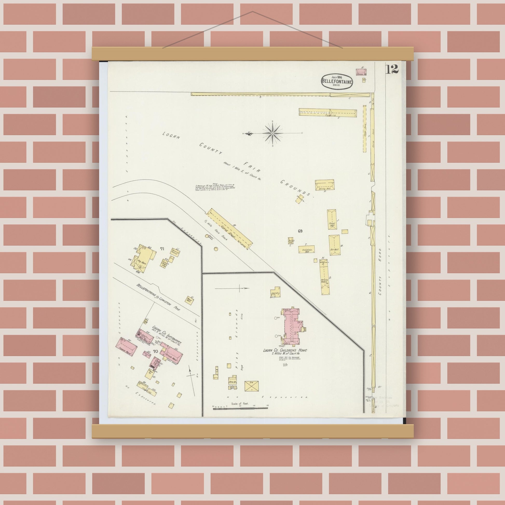 Old map wall art mockup — magnetic wood frame on brick wall — Sanborn Fire Insurance Map from Bellefontaine, Logan County, Ohio (1896), Sheet #0012