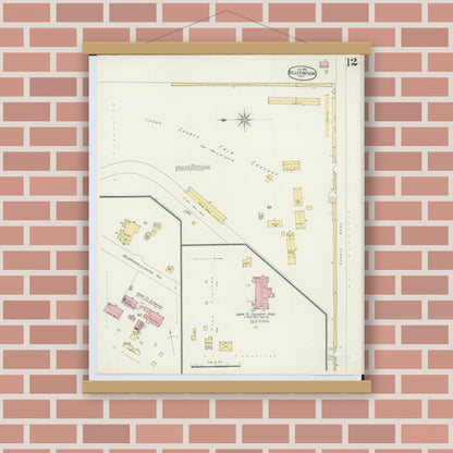 Old map wall art mockup — magnetic wood frame on brick wall — Sanborn Fire Insurance Map from Bellefontaine, Logan County, Ohio (1896), Sheet #0012