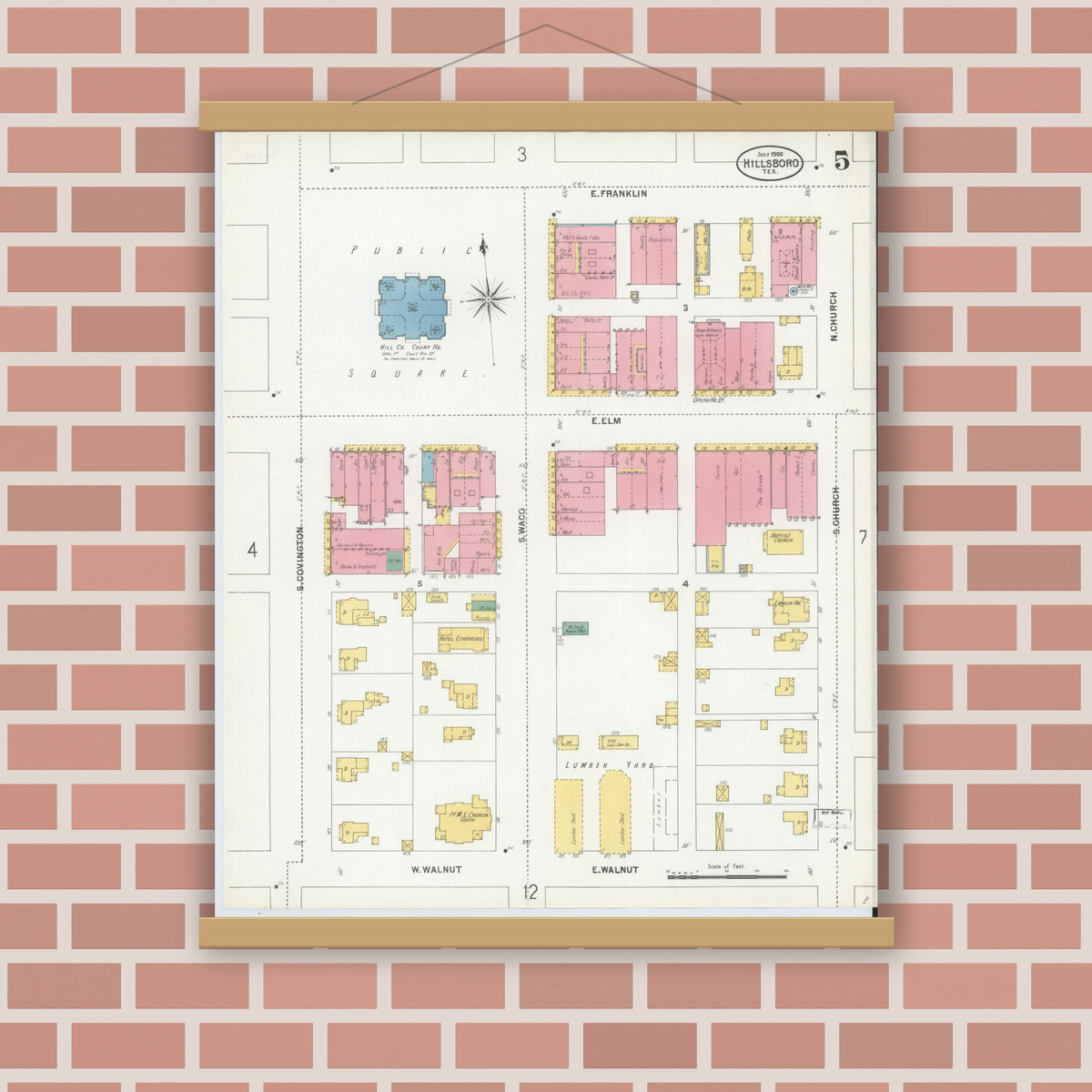 Old map wall art mockup — magnetic wood frame on brick wall — Sanborn Fire Insurance Map from Hillsboro, Hill County, Texas (1900), Sheet #0005