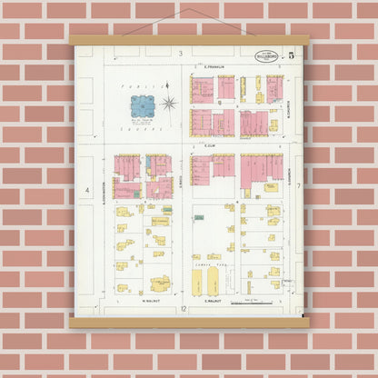 Old map wall art mockup — magnetic wood frame on brick wall — Sanborn Fire Insurance Map from Hillsboro, Hill County, Texas (1900), Sheet #0005