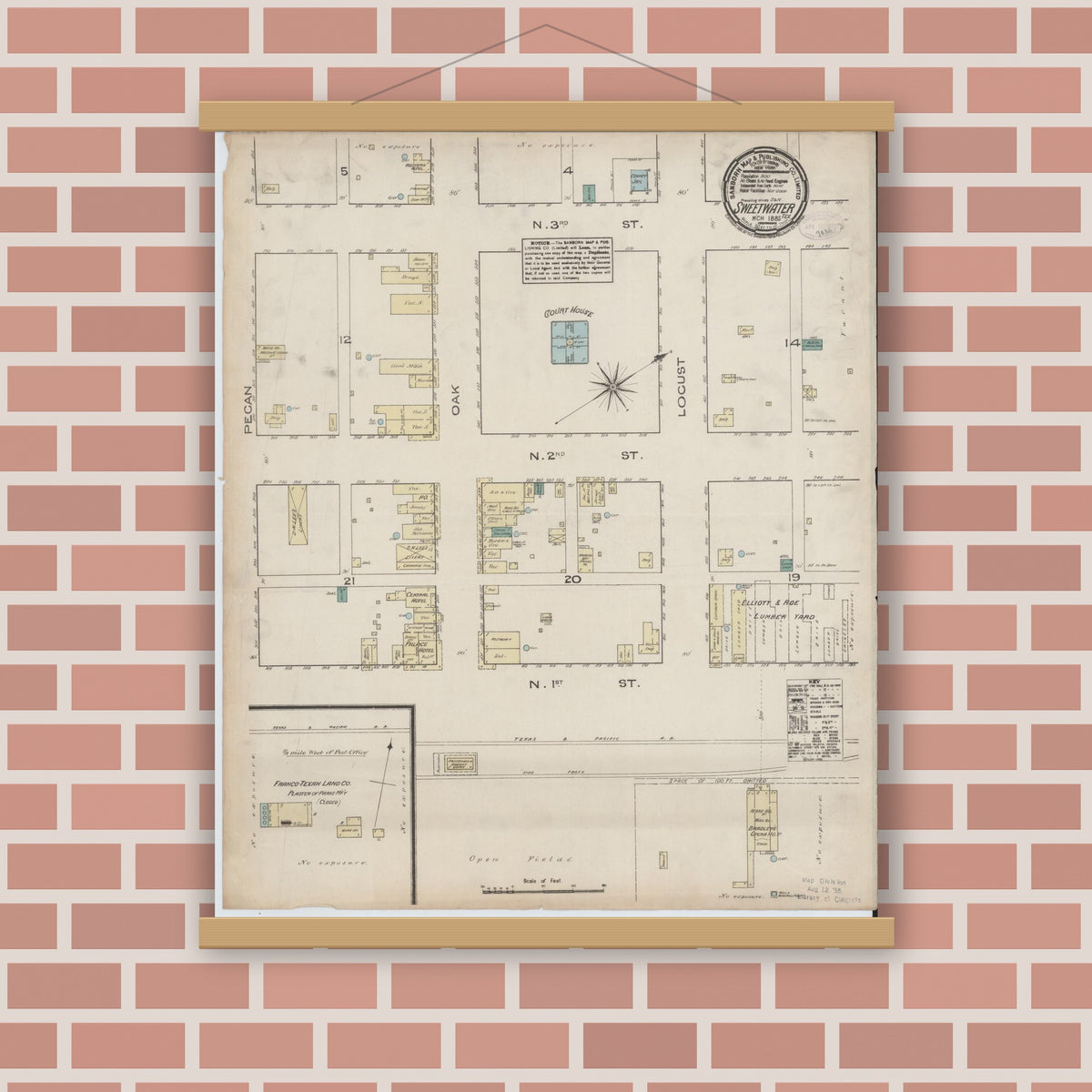 Old map wall art mockup — magnetic wood frame on brick wall — Sanborn Fire Insurance Map from Sweetwater, Nolan County, Texas (1885), Sheet #0001