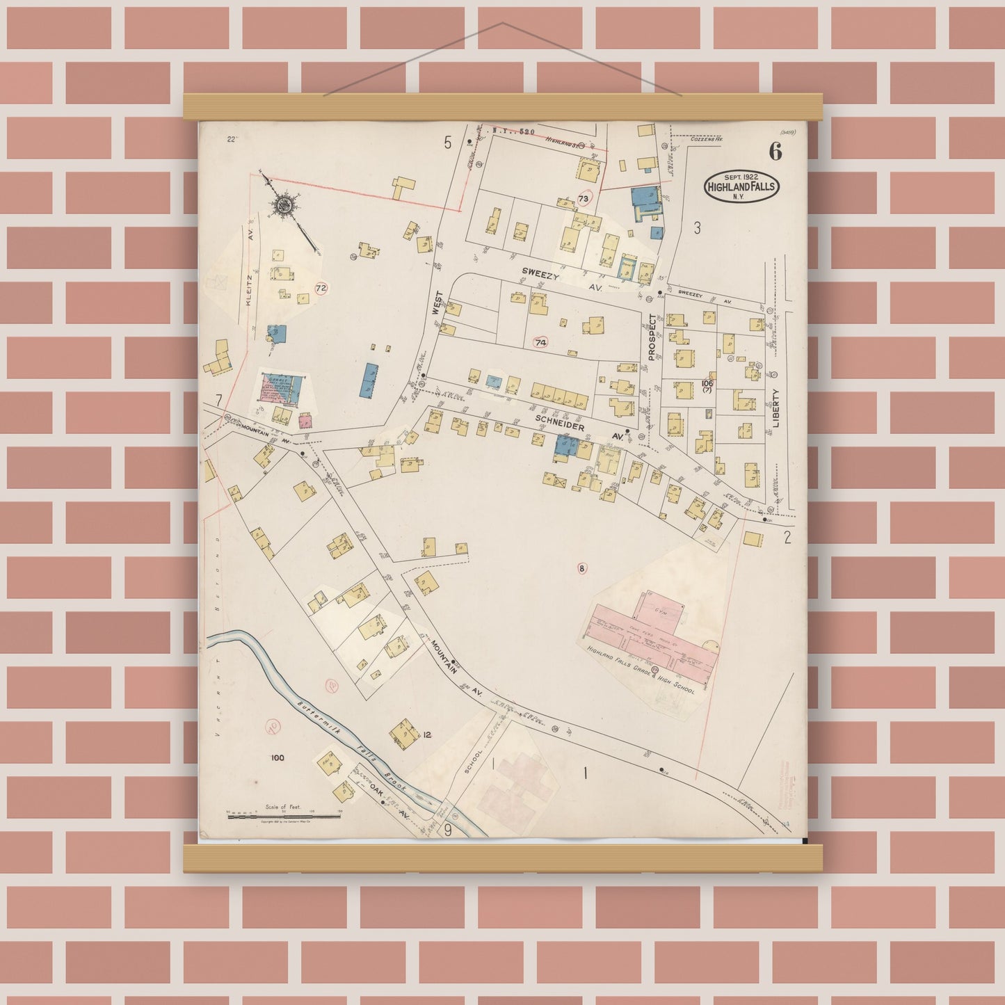 Old map wall art mockup — magnetic wood frame on brick wall — Sanborn Fire Insurance Map from Highland Falls, Orange County, New York (1937), Sheet #0006