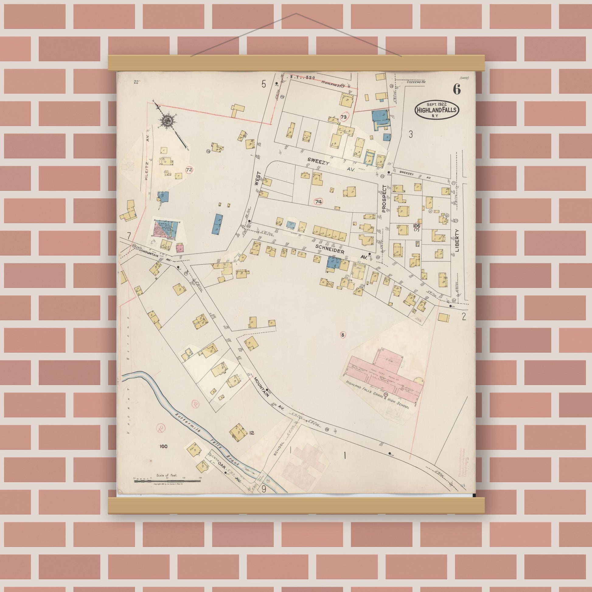 Old map wall art mockup — magnetic wood frame on brick wall — Sanborn Fire Insurance Map from Highland Falls, Orange County, New York (1937), Sheet #0006