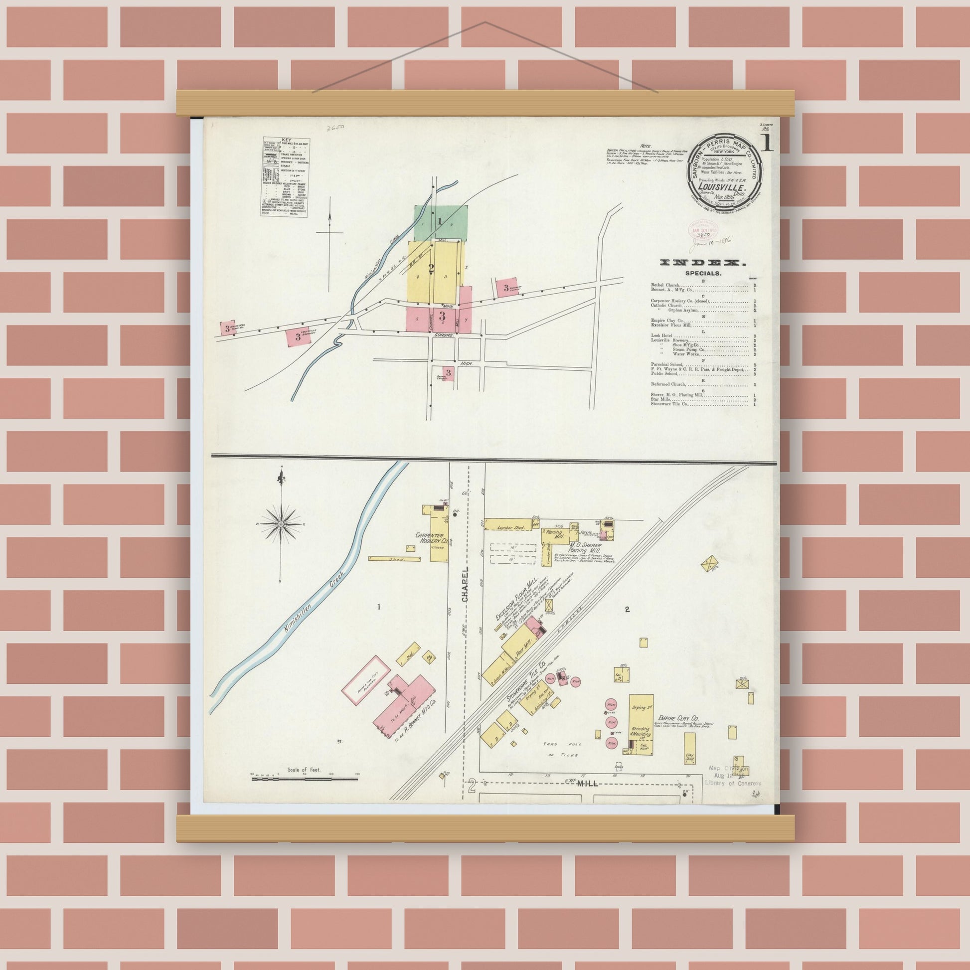 Old map wall art mockup — magnetic wood frame on brick wall — Sanborn Fire Insurance Map from Louisville, Stark County, Ohio (1895) - Complete Map Set